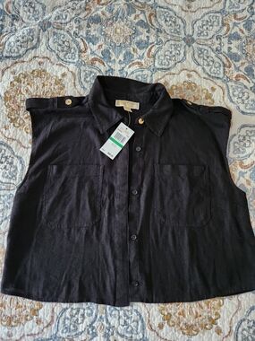 Black Sleeveless Button-Up Top with Gold Button Details
